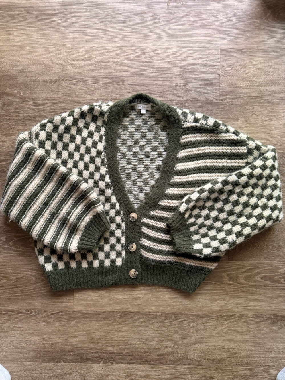 Blu Pepper Green & Cream Cropped Cardigan